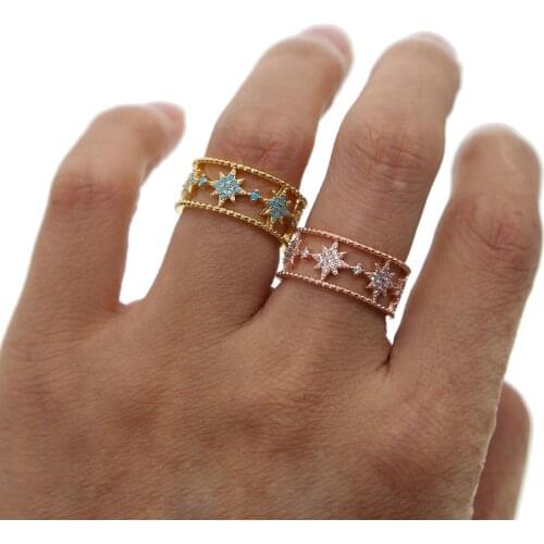 Bohemia Retro Crystal flower Star Simple Hollow Punk Personality delicate gold Open cz Ring Women Wedding Gift adjustable ring