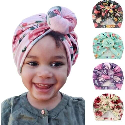 Print Flower Knot Baby Hat Soft Newborn Baby Girl Hat Turban Beanie Infant Toddler Head Wraps Kids Caps