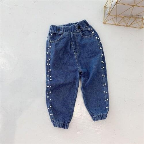 2 3 4 5 6 Years Girls Jeans Casual Pearl Elastic Waist Denim Pants Toddler Baby Harem Pants Kids Jeans Spring Autumn Trousers
