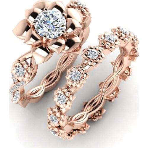 FDLK 2020 Newest Design Rose Gold Inlaid AAA White Zirconium Flower Vine Princess Ring Set Bridal Engagement Wedding Jewelry