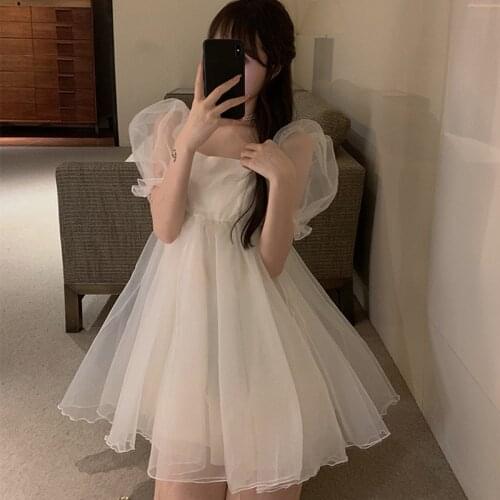 French Puff Sleeve Fairy Dress Women Sweet Backless Mesh Party Mini Dress 2021 Japanese Kawaii Evening Victorian Dress Korean