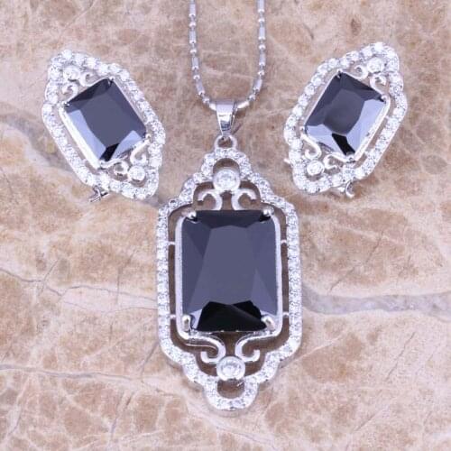Lovely Black Cubic Zirconia White CZ Silver Plated Earrings Pendant Necklace Jewelry Sets S0802