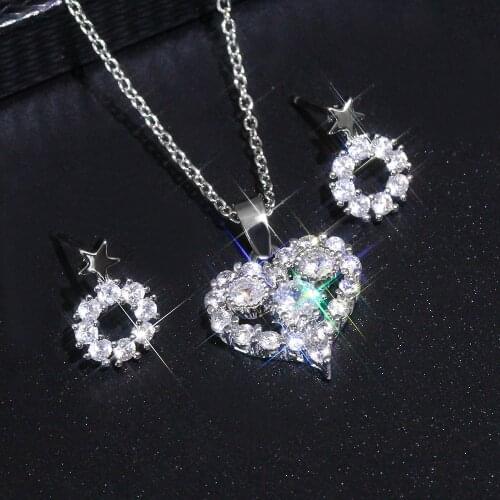 YaYI Jewelry Natural Gemstones Moissanite Zirconia Silver Color Wedding Party Little Heart Necklace Earrings Set Pendant Gift
