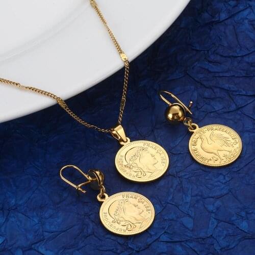 Fashion Gold Color Coin Pendant Necklace Earrings France Lecoqgaulois Trendy Coin Jewelry Sets