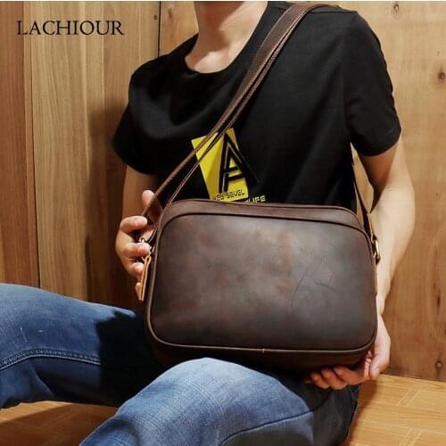 2020 New Vintage Crazy Horse Leather Shoulder Bag Men Genuine Leather Messenger Bag Male Middle Size Travel Tablet Crossbody Bag