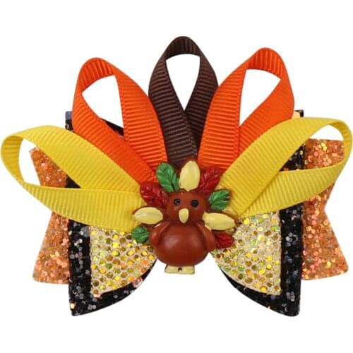 3 Pcs/Lot Thanksgiving Hair Clips Set for Girls Turkey Bow Boutique Flame Hair Bows Glitter Barrettes Handmade Hair Accessories