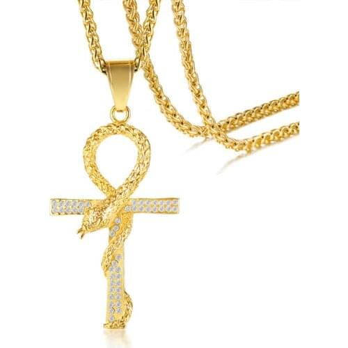 New Dedicated Titanium Steel Inlay With Shiny Rhinestone Snake Wrapped Anka Cross Pendant Necklace For Tidal Mens Jewelry Gift