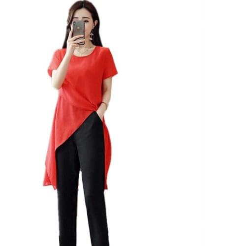 Plus Size M-7XL New 2020 Summer Fashion New Solid Color Split Chiffon Shirts Loose Irregular Shirts Tops Thin Blouses Woman Red