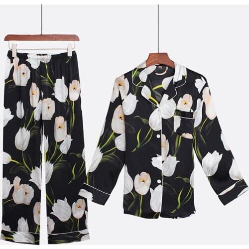 Flowers PJ Gift Long Sleeve Printed Floral Two-piece Home Service Sleepwear 19MM Mulberry 100% Silk Pajamas For Women Suit