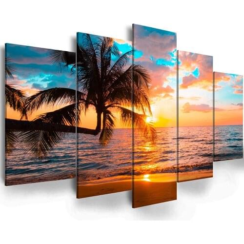 Seaside Dusk Canvas Painting Clouds Sky Full Wall Poster Coconut Tree Water Wave Light Wall Picture Living Room Five-Piece Set