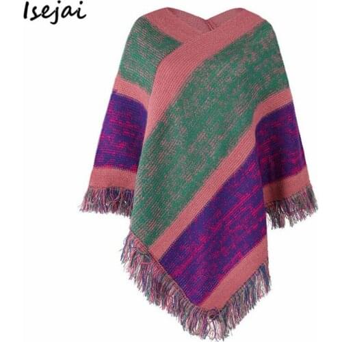 Colorful Block Coats and Capes for Women Tassel Batwing Poncho Sweater Autumn Winter Knitwear