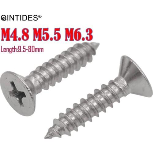 QINTIDES M4.8 M5.5 M6.3 Screw Length9.5-80mm Cross Recessed Countersunk Head Self-tapping Screws 304 Stainless Steel Flat Screws
