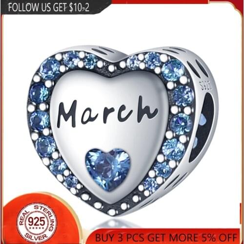 100% 925 Sterling Silver March Love Beads Charms Fit Original Pandora Bracelets Bangle Make DIY For Women Jewelry Gift