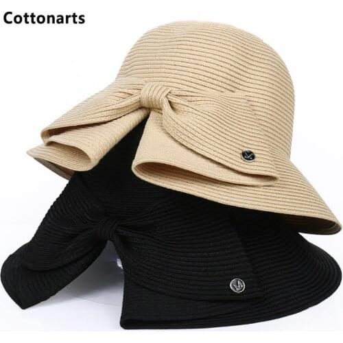 New Popular Bow Anti-UV Sun Hat Cap Wide Brim Summer Hats For Women Beach Panama Straw Dome Bucket Cap Breathable Visor Bonnet