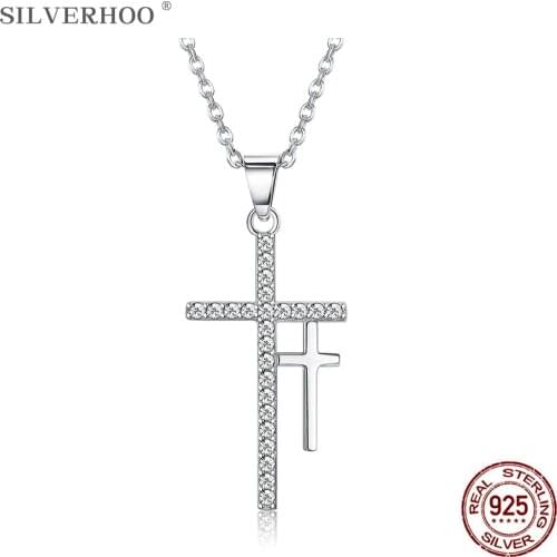 SLVERHOO 925 Sterling Silver Pendant Necklace Fashion Double Cross Set Diamond Pendant Romantic Party Jewelry Necklace Gift 2021