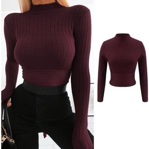 Women Autumn Long Sleeve Sweater Turtleneck Ribbed Knitted Pullover Crop Top Solid Color Bodycon Fit Tie Back Basic Jumper Shirt
