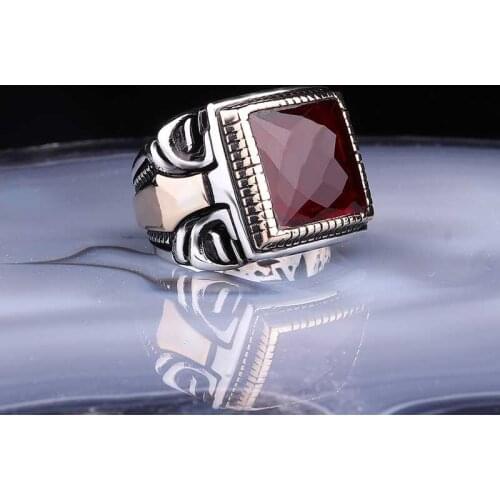 Tevuli 925 Sterling Silver Square Bevel Burgundy Cubic Zirconia Men Ring