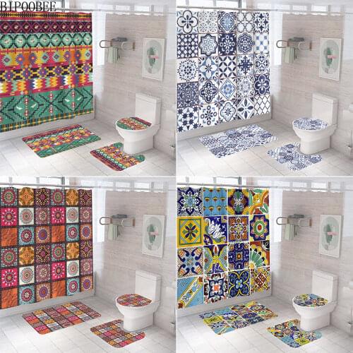 Bohemian Shower Curtain Waterproof Fabric Bathroomo Curtains Lattice Pedestal Carpet Lid Toilet Cover Non-slip Mat Bath Rugs