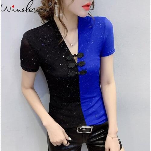 Summer Korean Style Vintage T-Shirt Girls Fashion Sexy Shiny V-Neck Button Color Block Women Tops Short Sleeve Tees 2021 T13110A