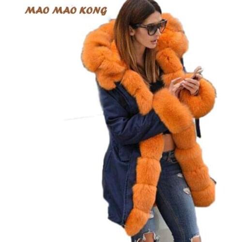 2020Women real fur parka winter warm natural large fox fur coat with luxury rex rabbit fur liner army green camouflage jacket