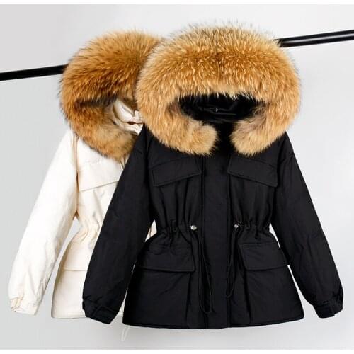 2021 Women Winter Big Natural Raccoon Fox Fur Hooded Down Jacket Female Short Fashion Waist Slimming Puffer Coat Ladies Outwear
