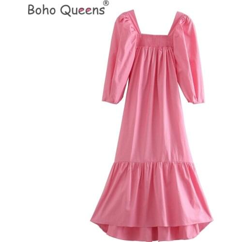 Boho Queens women pink square collar puff sleeve Ball Gown party dress ladies cotton loose maxi dresses vestidos