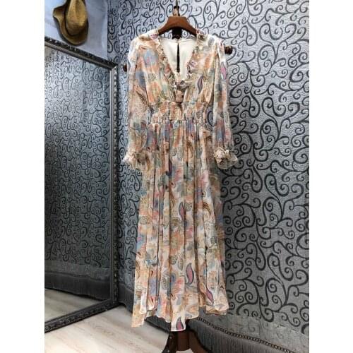 Sexy V-Neck Long Dress 2021 Summer Bohemian Beach Women Exquisite Prints Elastic Waist Long Sleeve Casual Maxi Dress Vestidos