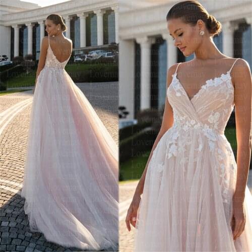 Pink Wedding Dresses 2021 V Neck Spaghetti Straps Bridal Gown Lace Appliques Vestidos De Novia Boho Bride Dresses Open Back