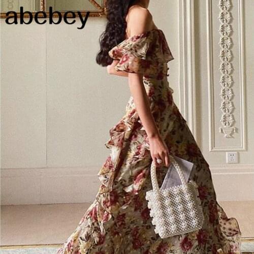 French Elegant Vintage Dress Women Floral Floor-Length Beach Dress Sexy Wedding Party Long Dress Female Korea Style 2021 Summer