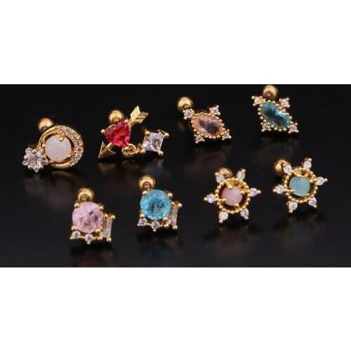 1 PCS High Quality Zircon Gold Color Moon Star Ear Piercing Helix Stud Earring Trendy Steel Round Bar Ball Ear Cartilage Cuff