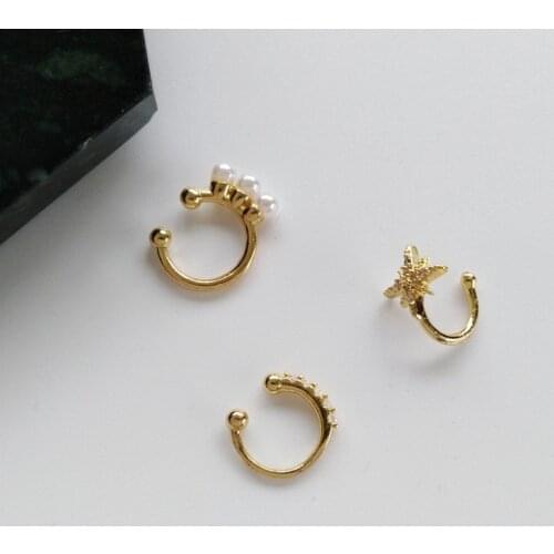 One Piece Shinny Rhinestone Six-pointed Star Ear Bone Clip Earrings Without Piercing Simulated Pearl Fake Piercing Clip Earrings