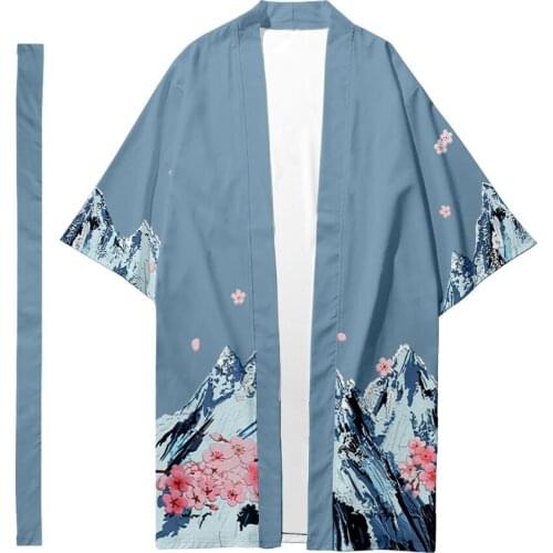 Snow Mountain Floral Printed Long Kimono Cardigan With Belt Japanese Traditional Couple Women Men Casual Asian Clothes Harajuku