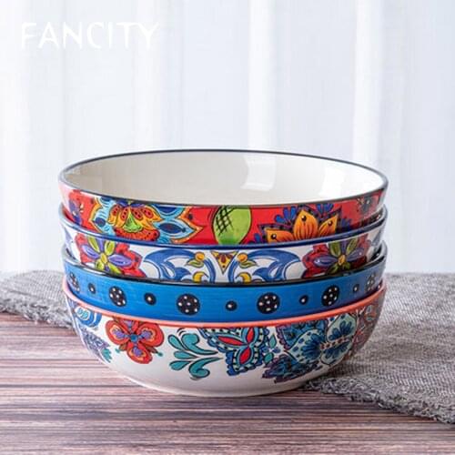 FANCITYAmerican hand-painted rustic ceramic tableware deep dish soup dish noodle bowl porridge bowl hot stir-fry dish vegetable