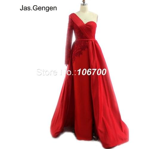 Formal Single Long Sleeve robe de soiree Evening Dress Embroidery Lace Beaded Hand Made Pleat Over Skirt Train Bridal Prom Gowns