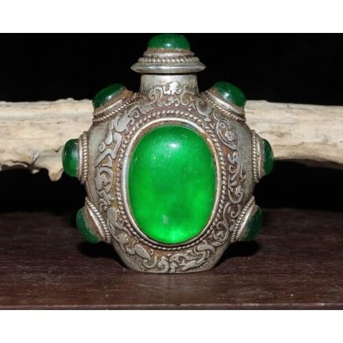 China old Tibetan folk silver inlaid with greenstone jade snuff bottle