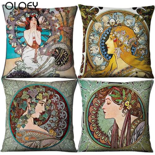 Classical Mucha Gallery Beauty Linen Decorative Throw Green Pillows Case Set Decor Home Cartoon Cushion Covers for Sofa Car