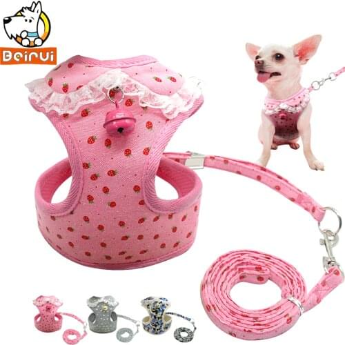 Dog Harness Vest and Leash Set Step-in Mesh Printing Dog Vest Harnesses for Small Medium Dogs Puppy Chihuahua Cat Pink