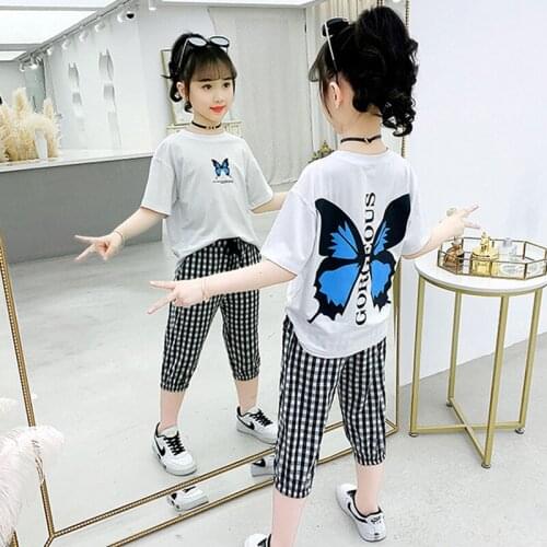 Teenager Girls Clothes Set 2020 Summer Short Sleeve butterfly printing T-shirt and plaid pants 2 Pcs Girl Kids Clothes Suit