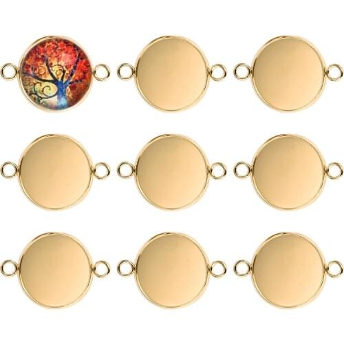 20pc Gold Stainless Steel Bracelet Connector Cabochon Setting Round Blank Tray Bezel Pendant Base Jewelry 10/12/14/16/18/20mm