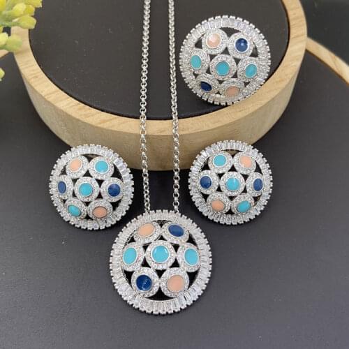 Lanyika Jewelry Set Hollow Round Colour Drip Oil Zirconia Micro Pave Necklace with Earring and Ring for Wedding Party Best Gift