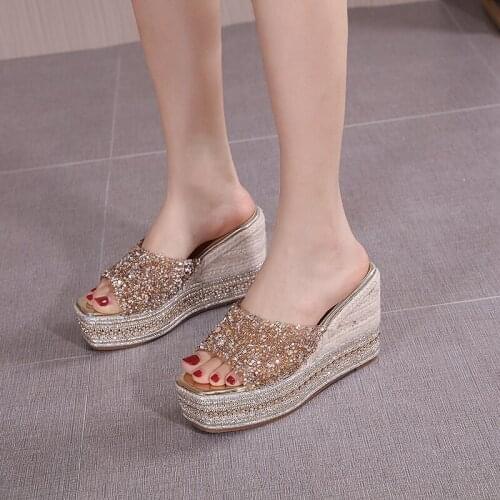 Hot Sale Summer Trend Casual Exquisite Sequined Cloth Square Toe Fashionable And Elegant Ladies Slippers For Outer Wear