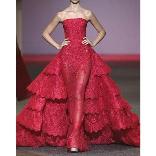 Fashion Strapless Lace Appliques Evening Dresses Sweep Train Sheer Prom Gown with Tiered Ruffles for Wedding Party Custom Made