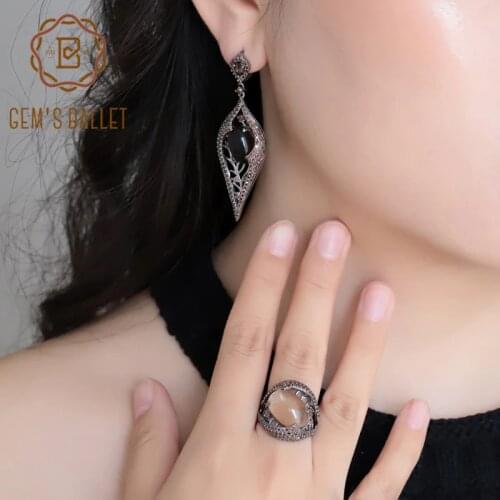GEMS BALLET Natural Smoky Quartz Vintage Gothic Jewelry Sets 925 Sterling Silver Earrings Ring Set For Women Party Fine Jewelry