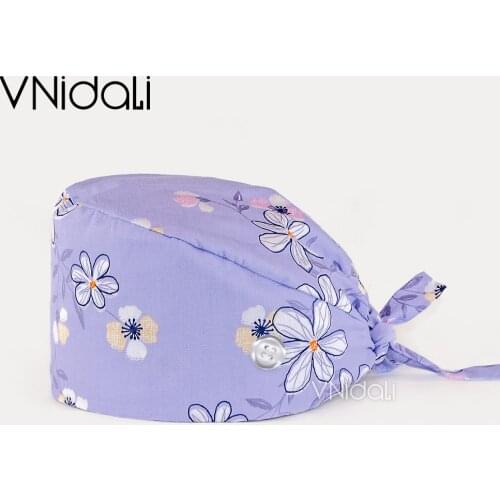 New Flower print cap adjustable Scrub cap beauty salon nursing cap lab bouffant scrub hat with button nurses hats for women