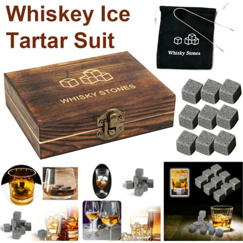 Whiskey Stones Gift Set - 9 Granite Chilling Stones Whisky Rocks - Reusable Ice Cubes with Tongs Stopper - Best Drinking Gift