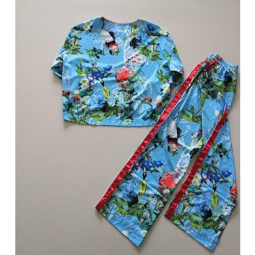 Spring Summer Casual 2021 Flower Birds Print Loose Blouse+Full Lenght Elastic Pants Fashion 2 Pieces Sets XXL
