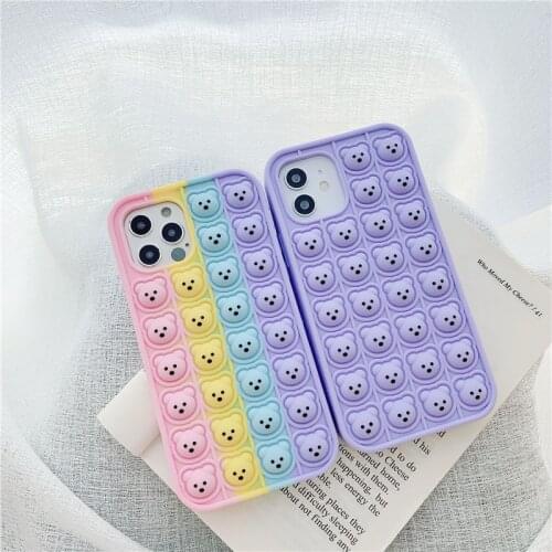 Push Relieve Stress Fidget Toy Bear Pop Bubble Phone Case For iPhone 11 12 Pro 6 7 8 Plus X XR Xs Max Silicone Rainbow Cover