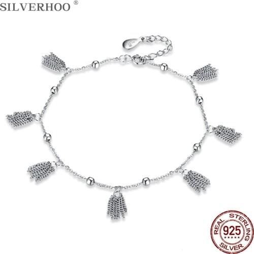 SILVERHOO Genuine 925 Sterling Silver Anklets For Women Simple Bohemian Beaded Chain Link Hotwife Anklet Trendy Jewelry Gift