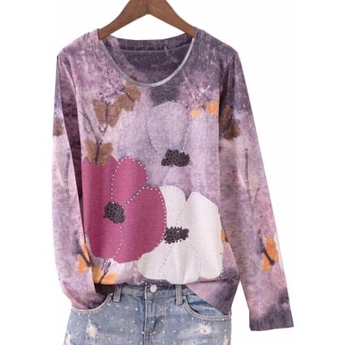 Floral print t shirt women Plus size 4XL 2020 spring long sleeve graphic tees hot drilling tshirt o-neck tops tee shirt femme