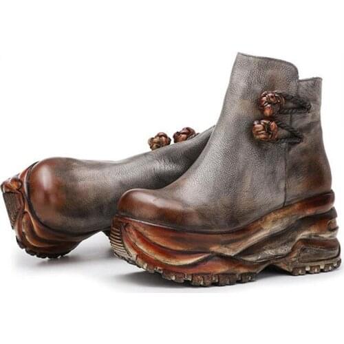 2021 New Winter Genuine Leather Retro Round Toe Ankle Boots for Women Wedges Platform Boots Woman High Heeled Warm Shoes Mujer